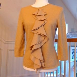 Classiques Entier Tan 3/4 sleeve 100% Cashmere Sweater, Ruffle detail